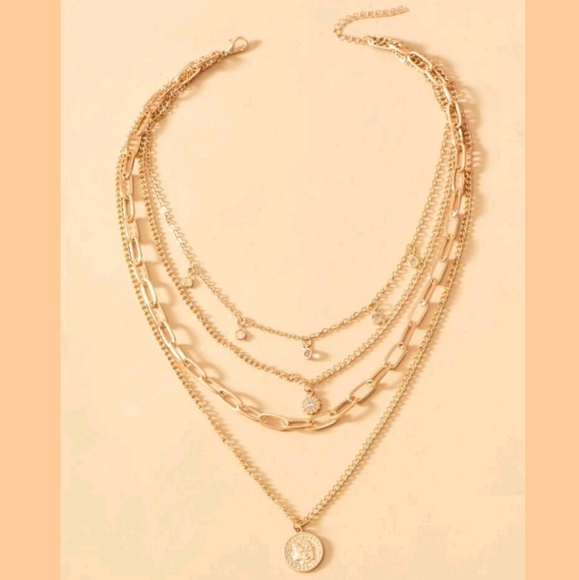 💖 2/$30 Chunky layered necklaces Gold coin pendant Boho multi chain link stars - Picture 3 of 8